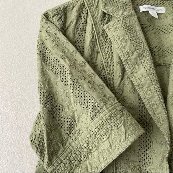 COLDWATER CREEK Garden Girl Olive Green 100% Cotton Eyelet Short Sleeve Blazer - Picture 4 of 10